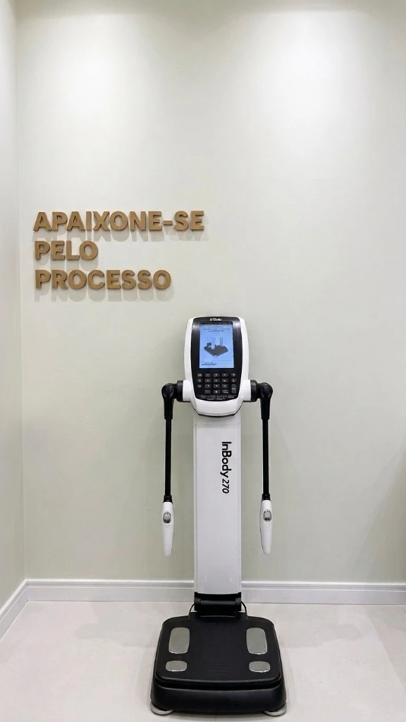 Consultório da Sol Poretti em Maringá com as letras na parede Apaixone-se pelo Processo e o equipamento InBody 270